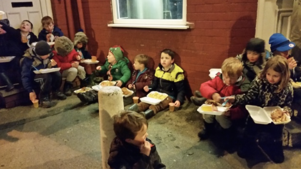beavers outside the fish and chip shop